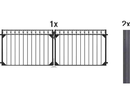 Ensemble de portail double ALBERTS Circle 301 x 100 cm y compris deux poteaux noir mat