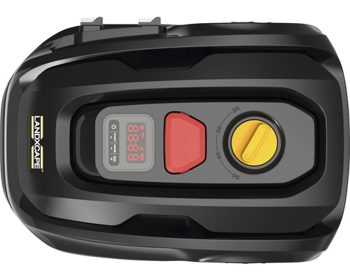 Vue du dessus d''un robot tondeuse noir avec panneau de commande