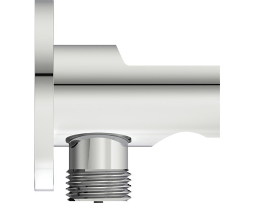 Gros plan d''un robinet chromé avec raccord fileté.