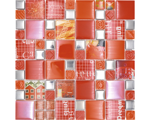 Mosaïque en verre XCM MC579 29,8x29,8 cm argent/rouge