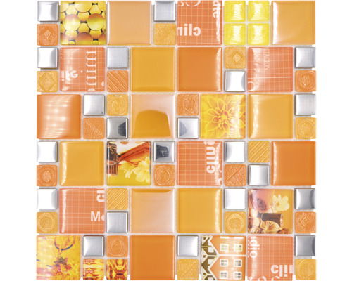 Glasmosaik XCM MC569 Kombination silver/orange Mosaikfliese mit floralen Mustern und geometrischen Formen