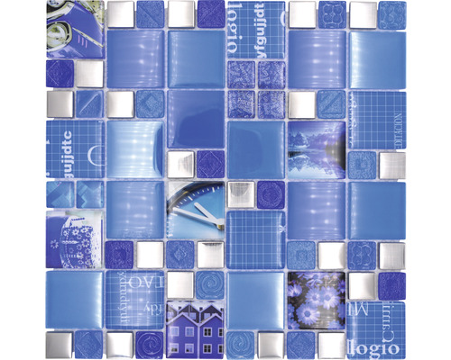 Glasmosaik XCM MC549 29.8x29.8 cm silber/blau Mosaikfliese mit verschiedenen blauen Mustern