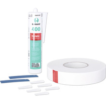 Mastic pour verre acrylique, bande d''étanchéité et cales de montage