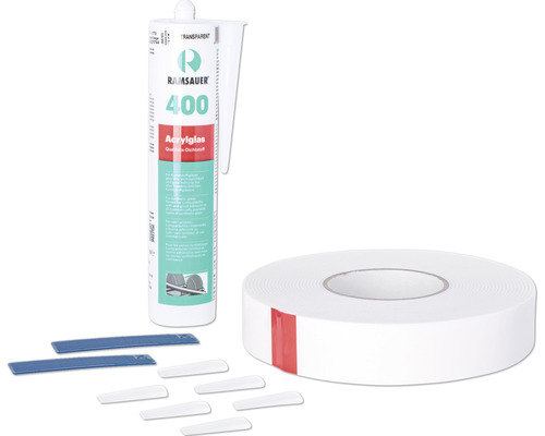 Mastic pour verre acrylique, bande d''étanchéité et cales de montage