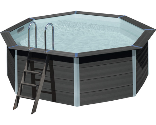 Kit de piscine hors sol en bois composite Gre ronde Ø 410x124 cm avec groupe de filtration à sable, skimmer, échelle, sable filtrant et tapis de sol gris