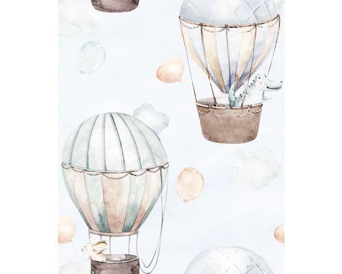 Papier peint avec montgolfières, nuages et animaux dans un design enfantin