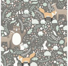 Motif avec ours, cerf, renard, lièvre, hérisson, oiseaux, feuilles et fleurs