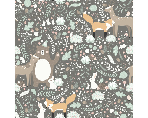 Papier peint intissé 45870 Kids Walls animaux vert anthracite marron Motif avec ours, cerf, renard, lièvre, hérisson, oiseaux, feuilles et fleurs
