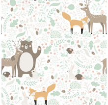 Illustration avec des ours, des cerfs, des renards, des lapins, des hérissons, des oiseaux, des plantes et des champignons