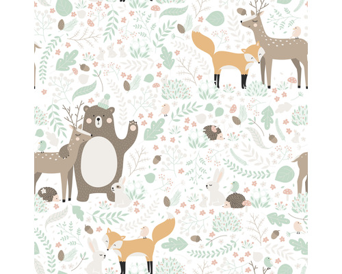 Illustration avec des ours, des cerfs, des renards, des lapins, des hérissons, des oiseaux, des plantes et des champignons