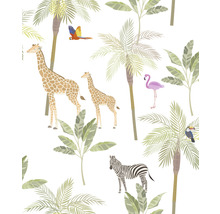 Motif avec des girafes, des zèbres, des flamants roses, des toucans, des aras, des palmiers et des plantes tropicales
