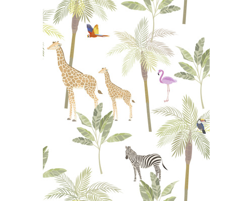 Motif avec des girafes, des zèbres, des flamants roses, des toucans, des aras, des palmiers et des plantes tropicales