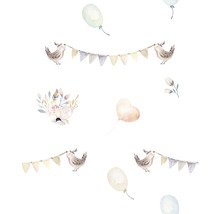 Illustration avec oiseaux, guirlandes, fleurs et ballons