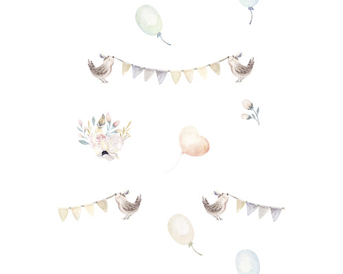 Illustration avec oiseaux, guirlandes, fleurs et ballons