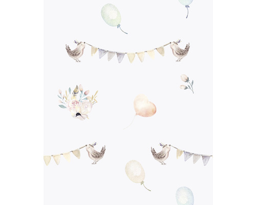Motif avec oiseau, guirlande, fleurs et ballons