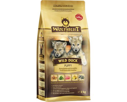 Croquettes pour chiens WOLFSBLUT Wild Duck Puppy canard avec pommes de terre avec des supers aliments précieux, sans céréales, sans gluten 2 kg