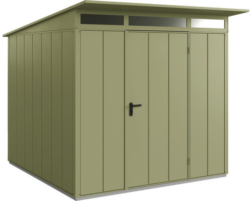 Abri de jardin Hörmann EcoStar Elegant avec profilé de cadre de sol en alu M984. type 2. RAL6013 porte à un vantail 247.9 x 283.4 cm vert roseau