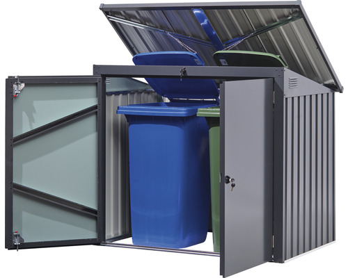 Mülltonnenbox aus Metall mit zwei Mülltonnen