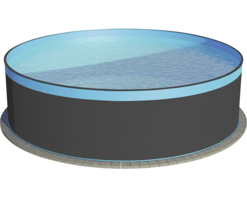 Piscine hors sol en acier Ø 350x90 cm avec système de filtration à sable, skimmer encastré, échelle, sable de filtration & tuyau de raccordement anthracite avec bâche Overlap bleue