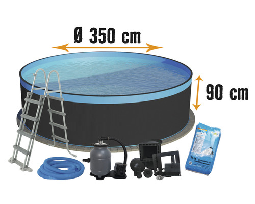 Piscine hors sol en acier Ø 350x90 cm avec système de filtration à sable, skimmer encastré, échelle, boules de filtration & tuyau de raccordement anthracite avec bâche Overlap bleue