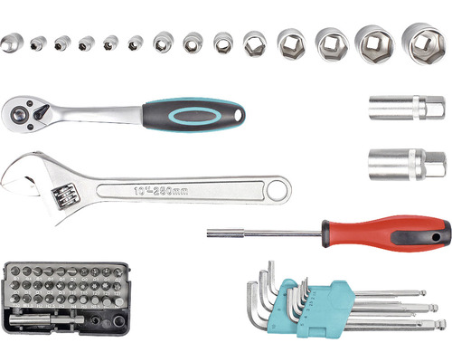 Assortiment d''outils comprenant une clé à molette, un tournevis, un jeu de douilles et des clés Allen