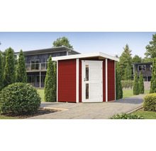Abri de jardin rouge en bois avec porte blanche et toit blanc