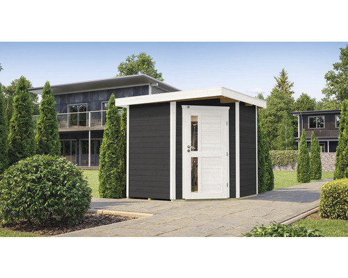 Abri de jardin weka 229 A Taille 1 avec plancher 215 x 244 cm anthracite Scène de jardin avec abri à outils en bois avec porte