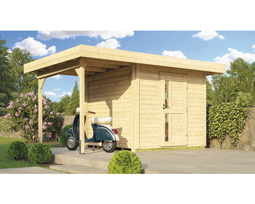 Abri de jardin weka DH 172 A Taille 1 avec plancher 314 x 430 cm naturel Abri de jardin en bois avec auvent et un scooter
