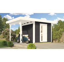 Holzgarage mit Abstellraum und Motorroller im Garten