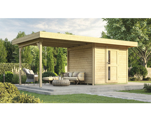 Abri de jardin weka DH 172 B Taille 1 avec plancher 575 x 314 cm naturel Maison de jardin en bois avec terrasse couverte et mobilier de jardin dans le jardin