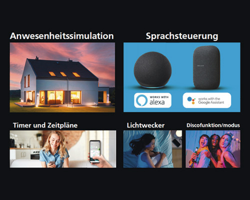 Fonctions: Simulation de présence, commande vocale, minuterie, réveil lumineux et mode disco