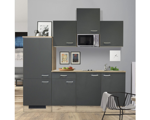 Cuisine complète avec appareils Flex Well Tiago 210 cm couleur de façade gris basalte - couleur du corps chêne clair san remo 00011827