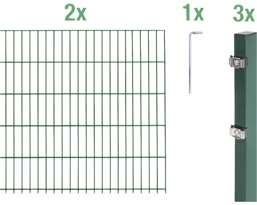 Ensemble de grillage de clôture à double fil ALBERTS 6/5/6 400 x 140 cm vert Set de clôture à double fils avec panneaux de clôture, poteaux et accessoires