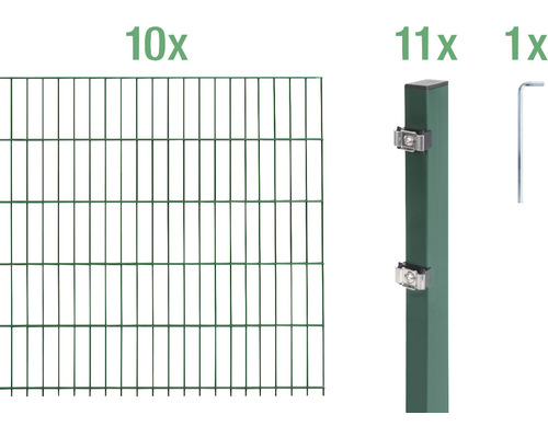 Ensemble de grillage de clôture à double fil ALBERTS 6/5/6 2000 x 160 cm vert Kit complet pour une clôture en treillis métallique double avec éléments de clôture, poteaux de clôture et outils