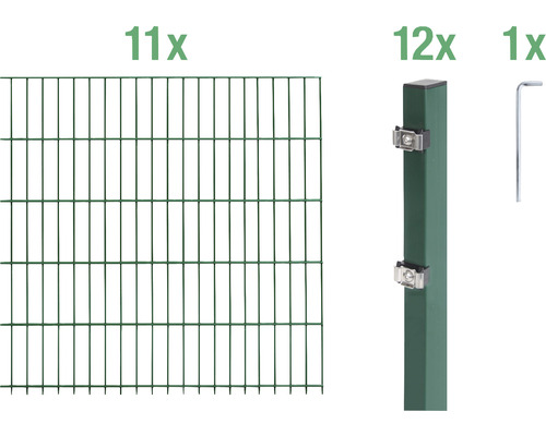 Ensemble de grillage de clôture à double fil ALBERTS 6/5/6 2200 x 140 cm vert Kit de clôture avec onze éléments de clôture grillagés, douze poteaux et un outil de montage