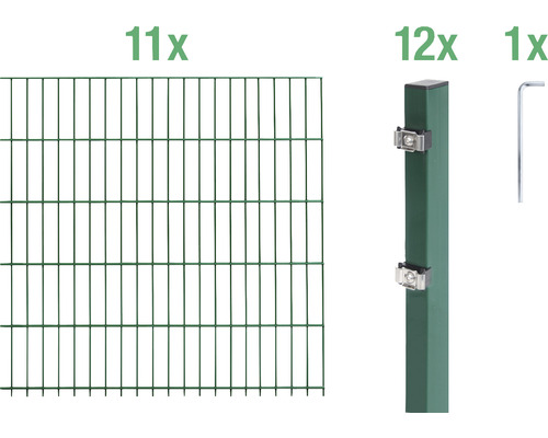 Ensemble de grillage de clôture à double fil ALBERTS 6/5/6 2200 x 160 cm vert Onze panneaux de treillis soudés, douze poteaux de clôture et une clé Allen
