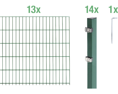 Ensemble de grillage de clôture à double fil ALBERTS 6/5/6 2600 x 140 cm vert Kit complet de construction de clôture avec panneaux à double fil, poteaux de clôture et accessoires