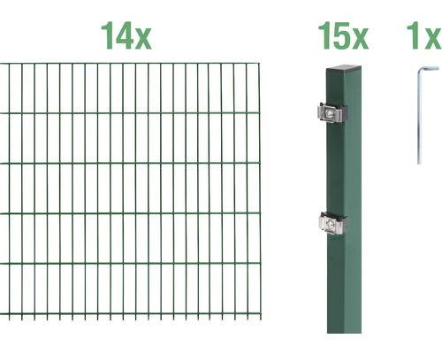 Ensemble de grillage de clôture à double fil ALBERTS 6/5/6 2800 x 160 cm vert Kit complet de clôture en treillis métallique avec éléments de clôture, poteaux de clôture et outils