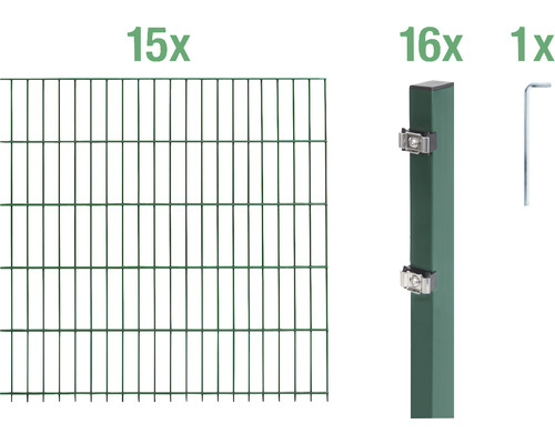 Ensemble de grillage de clôture à double fil ALBERTS 6/5/6 3000 x 140 cm vert Kit de clôture en treillis soudé avec éléments de clôture, poteaux de clôture et outils