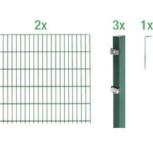 Kit de clôture en treillis métallique double fil avec deux éléments de clôture, trois poteaux et un outil de montage