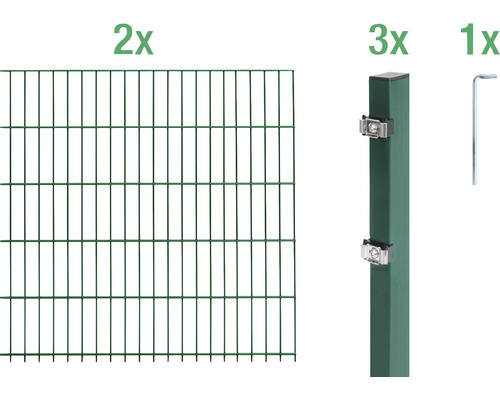 Ensemble de grillage de clôture à double fil ALBERTS 6/5/6 400 x 160 cm vert Kit de clôture en treillis métallique double fil avec deux éléments de clôture, trois poteaux et un outil de montage