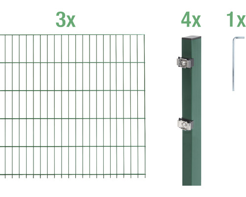 Ensemble de grillage de clôture à double fil ALBERTS 6/5/6 600 x 140 cm vert Kit de clôture en fil métallique avec trois éléments de clôture, quatre poteaux et une clé Allen