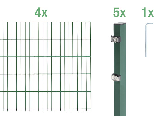 Ensemble de grillage de clôture à double fil ALBERTS 6/5/6 800 x 140 cm vert Kit complet pour clôture en panneaux rigides comprenant quatre éléments de clôture, cinq poteaux et une clé Allen