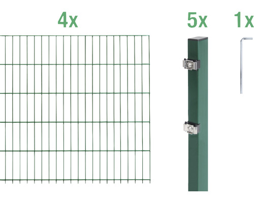 Ensemble de grillage de clôture à double fil ALBERTS 6/5/6 800 x 160 cm vert Quatre panneaux de treillis soudés, cinq poteaux de clôture et un outil de montage