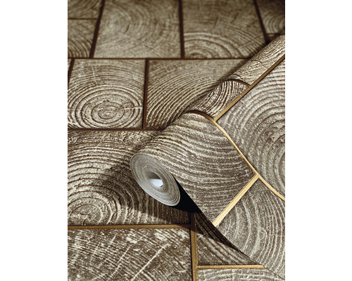 Papier peint avec motif de rondelles de bois et aspect en rouleau