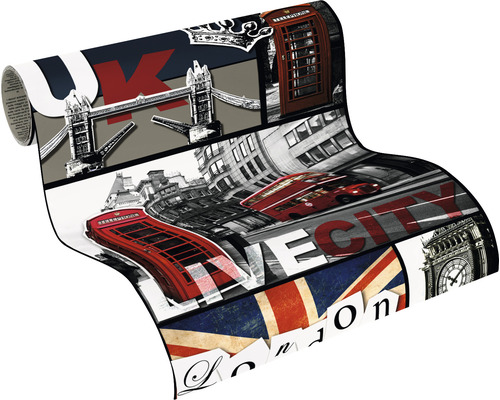Rouleau de papier peint avec des motifs londoniens tels que l''Union Jack, le Tower Bridge, une cabine téléphonique rouge et un bus à impériale