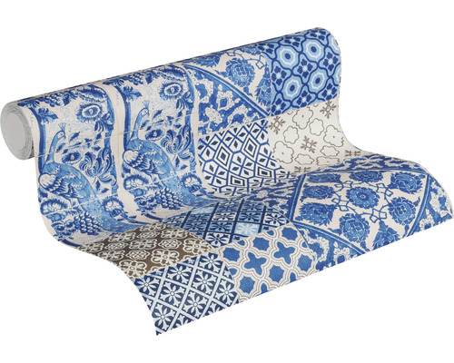 Rouleau de papier peint avec motif patchwork bleu