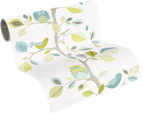 Rouleau de papier peint avec motif d''oiseaux et de hiboux sur un arbre