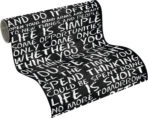 Un rouleau de papier peint avec des inscriptions blanches sur fond noir.