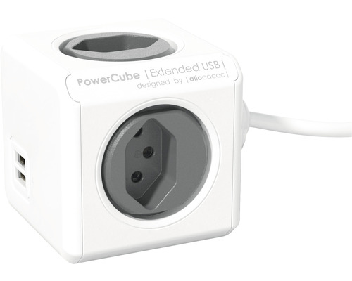 Steckdosenleiste Powercube Extended Allocacoc 4 x T13 2 x USB-A 1.5 m weiss grau PowerCube Steckdosenwürfel mit USB-Anschlüssen und Verlängerungskabel